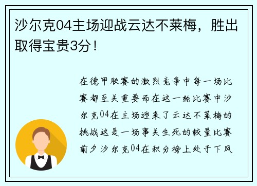 沙尔克04主场迎战云达不莱梅，胜出取得宝贵3分！